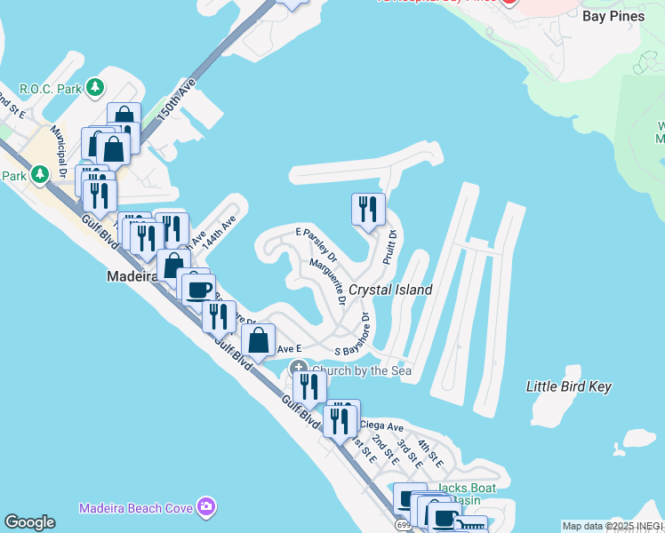 map of restaurants, bars, coffee shops, grocery stores, and more near 14022 East Parsley Drive in Madeira Beach