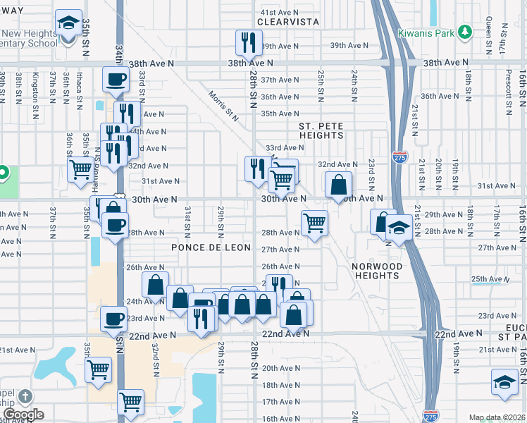 map of restaurants, bars, coffee shops, grocery stores, and more near 2829 28th Street North in St. Petersburg