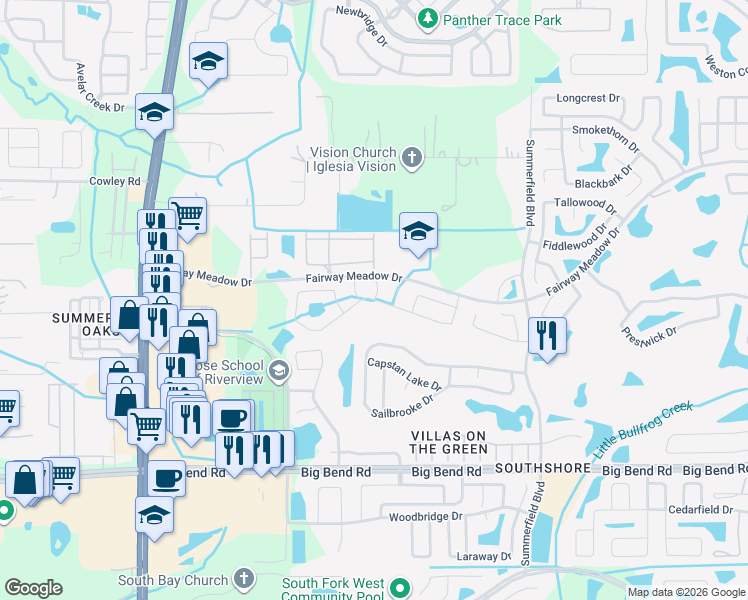 map of restaurants, bars, coffee shops, grocery stores, and more near 10933 Hoffner Edge Drive in Riverview