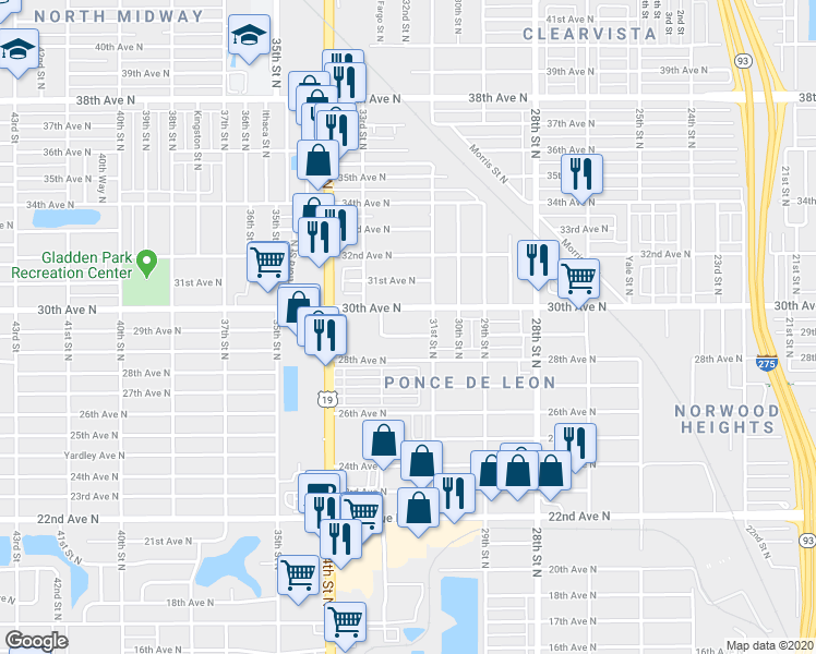 map of restaurants, bars, coffee shops, grocery stores, and more near 3147 29th Avenue North in Saint Petersburg