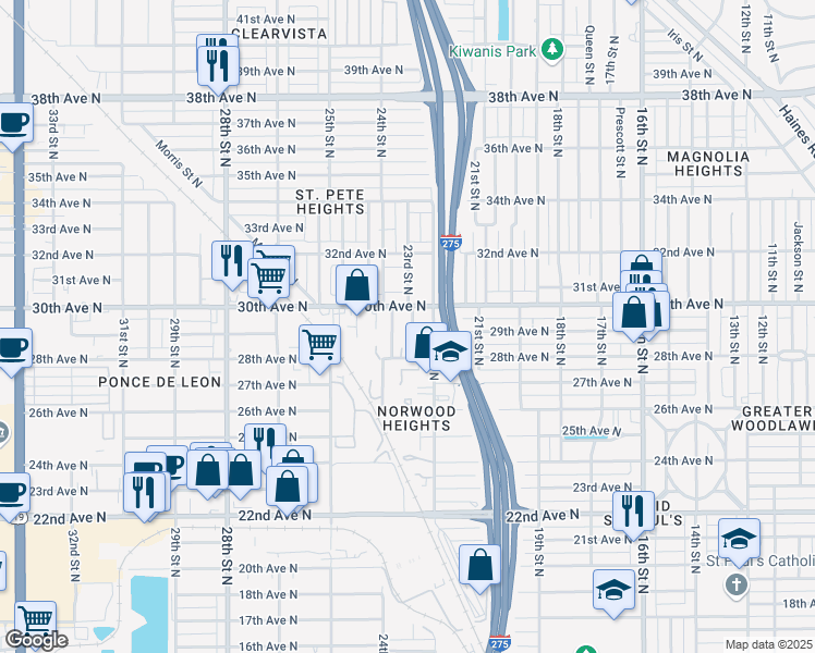 map of restaurants, bars, coffee shops, grocery stores, and more near 2828 22nd Street North in St. Petersburg