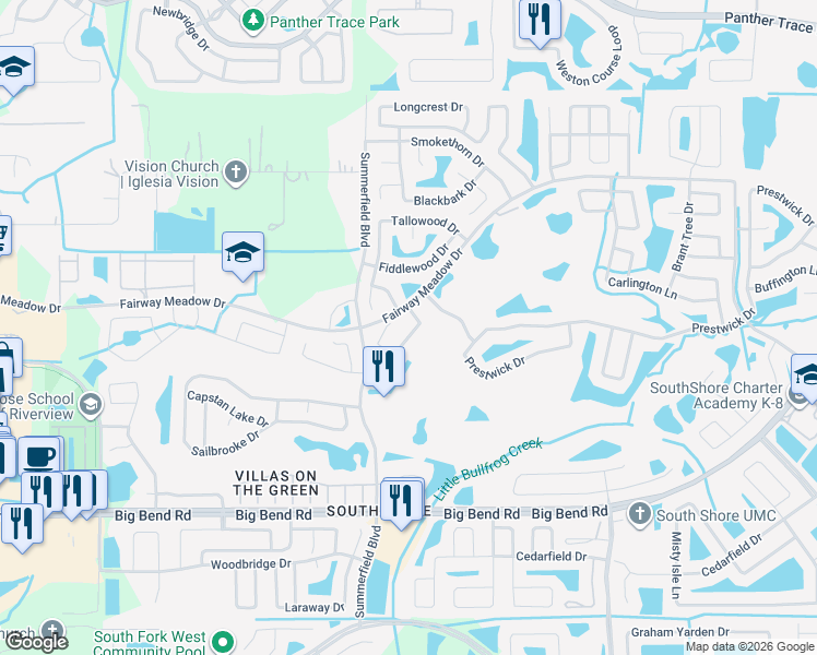 map of restaurants, bars, coffee shops, grocery stores, and more near 11322 Torrey Pines Drive in Riverview