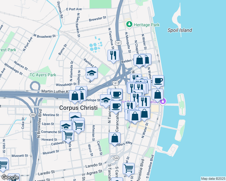 map of restaurants, bars, coffee shops, grocery stores, and more near 802 North Tancahua Street in Corpus Christi