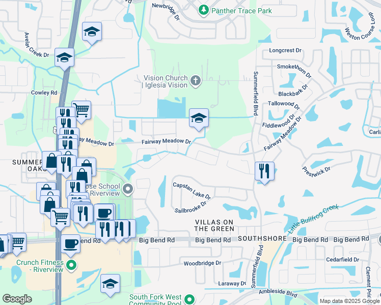 map of restaurants, bars, coffee shops, grocery stores, and more near 13008 Montrose Grove Court in Riverview