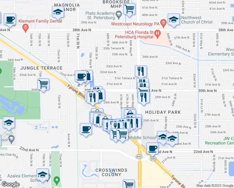 map of restaurants, bars, coffee shops, grocery stores, and more near 2983 67th Lane North in Saint Petersburg