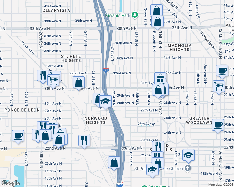map of restaurants, bars, coffee shops, grocery stores, and more near 2034 29th Avenue North in St. Petersburg