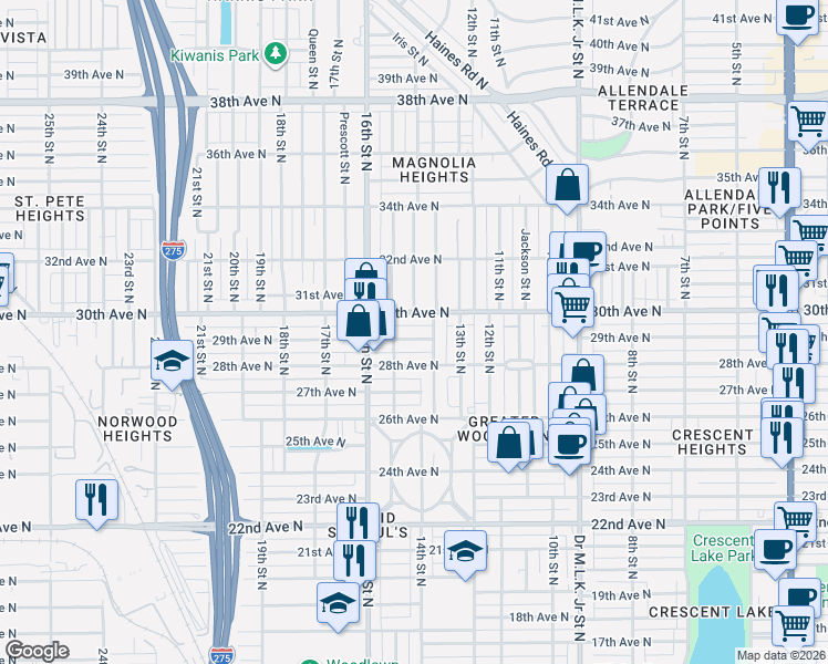 map of restaurants, bars, coffee shops, grocery stores, and more near 1420 29th Avenue North in St. Petersburg