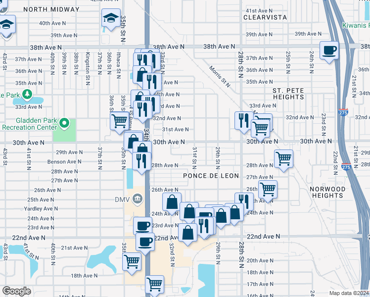 map of restaurants, bars, coffee shops, grocery stores, and more near 3151 28th Avenue North in St. Petersburg