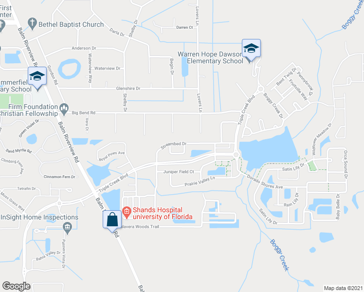 map of restaurants, bars, coffee shops, grocery stores, and more near 12347 Streambed Drive in Riverview