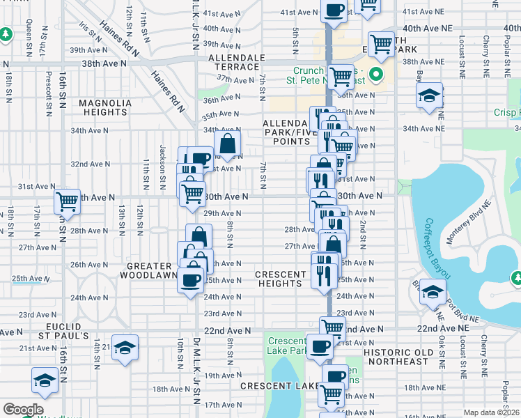 map of restaurants, bars, coffee shops, grocery stores, and more near 2823 7th Street North in St. Petersburg