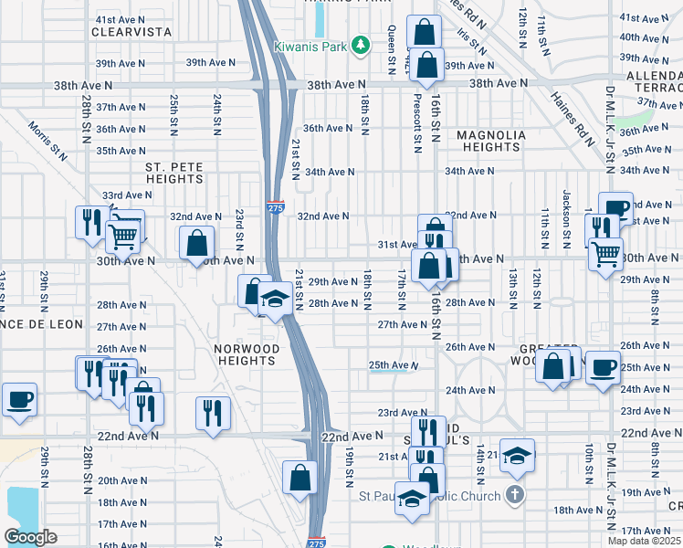 map of restaurants, bars, coffee shops, grocery stores, and more near 1834 29th Avenue North in St. Petersburg