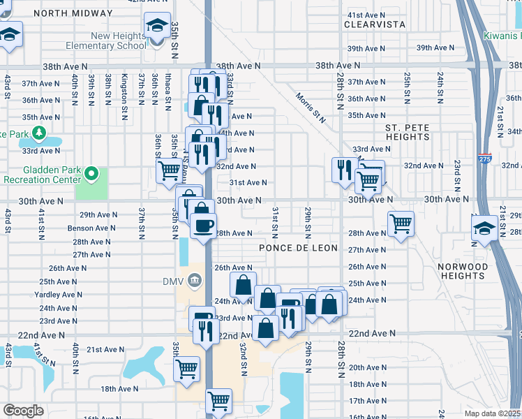 map of restaurants, bars, coffee shops, grocery stores, and more near 3151 28th Avenue North in St. Petersburg