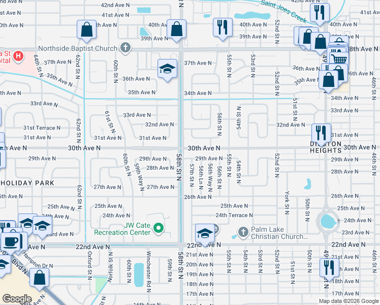 map of restaurants, bars, coffee shops, grocery stores, and more near 5700 29th Avenue North in St. Petersburg