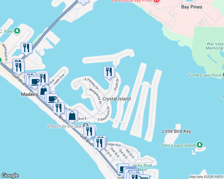 map of restaurants, bars, coffee shops, grocery stores, and more near 709 Pruitt Drive in Madeira Beach