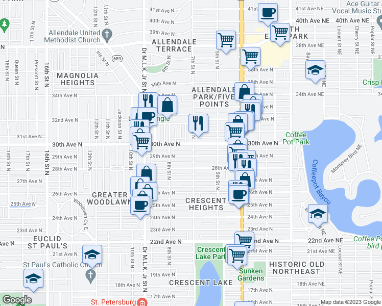 map of restaurants, bars, coffee shops, grocery stores, and more near 2823 7th Street North in St. Petersburg