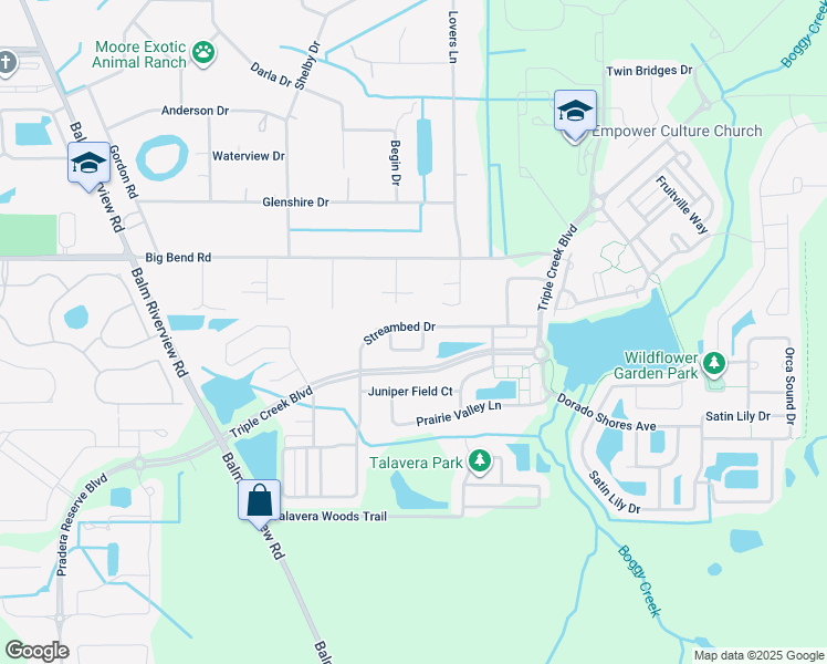 map of restaurants, bars, coffee shops, grocery stores, and more near 12345 Streambed Drive in Riverview
