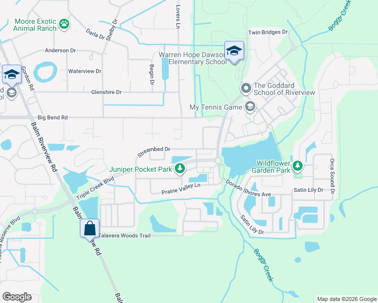 map of restaurants, bars, coffee shops, grocery stores, and more near 12401 Triple Creek Boulevard in Riverview