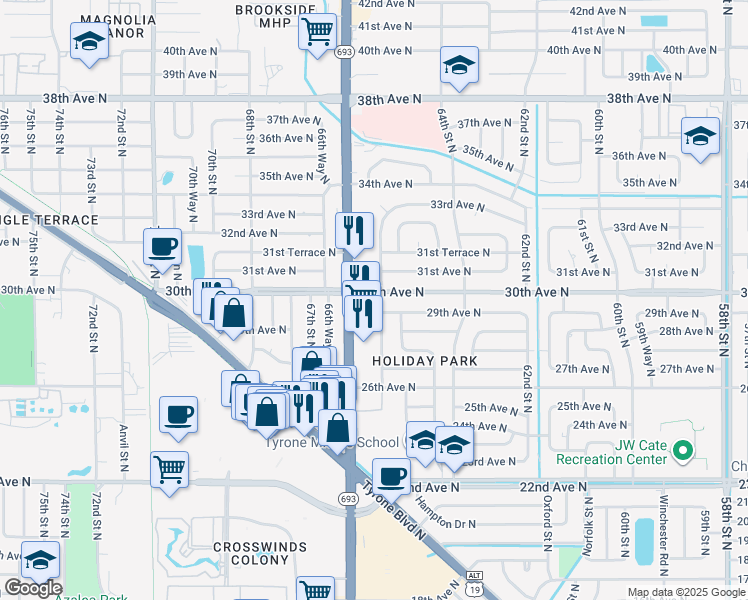 map of restaurants, bars, coffee shops, grocery stores, and more near 2992 65th Way North in Saint Petersburg