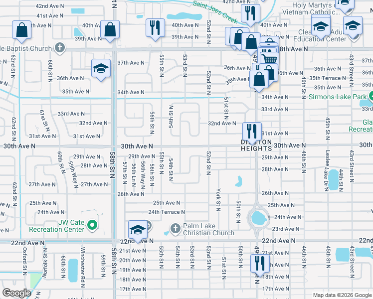 map of restaurants, bars, coffee shops, grocery stores, and more near 5260 31st Avenue North in St. Petersburg