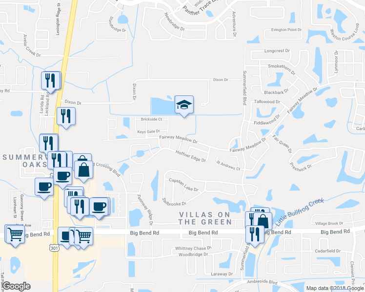 map of restaurants, bars, coffee shops, grocery stores, and more near 13006 Montrose Grove Court in Riverview