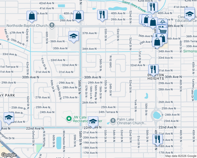 map of restaurants, bars, coffee shops, grocery stores, and more near 5586 30th Avenue North in St. Petersburg