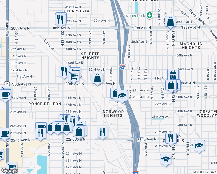 map of restaurants, bars, coffee shops, grocery stores, and more near 3005 24th Street North in St. Petersburg