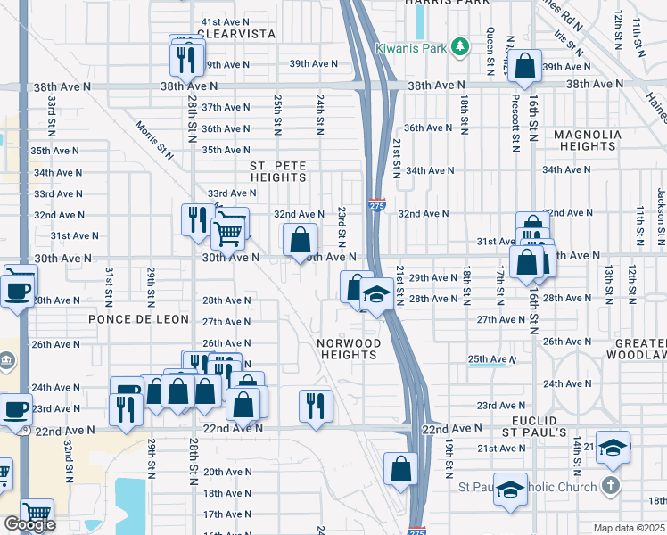 map of restaurants, bars, coffee shops, grocery stores, and more near 3005 24th Street North in St. Petersburg