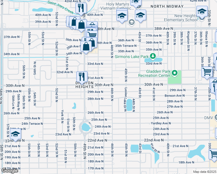 map of restaurants, bars, coffee shops, grocery stores, and more near 4615 30th Avenue North in St. Petersburg