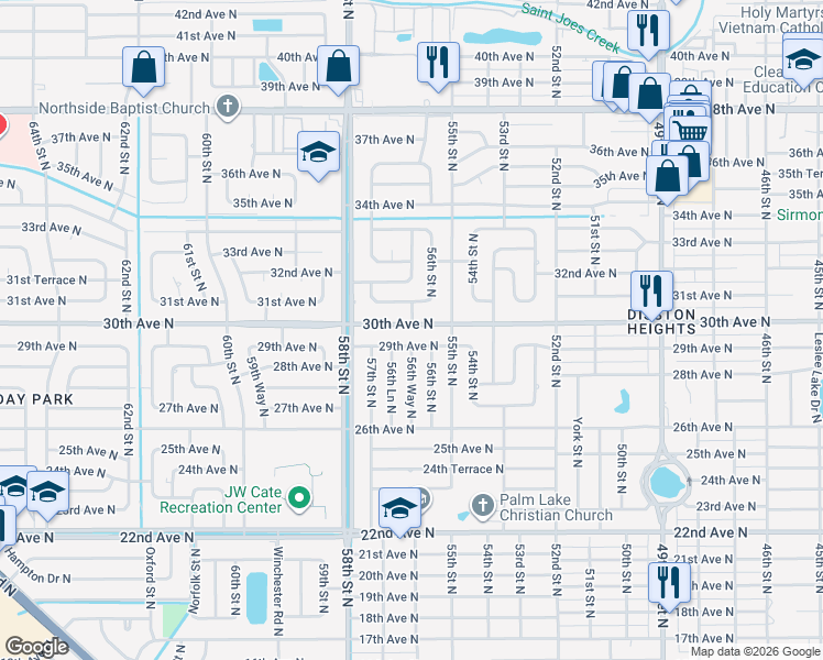 map of restaurants, bars, coffee shops, grocery stores, and more near 3090 56th Street North in St. Petersburg
