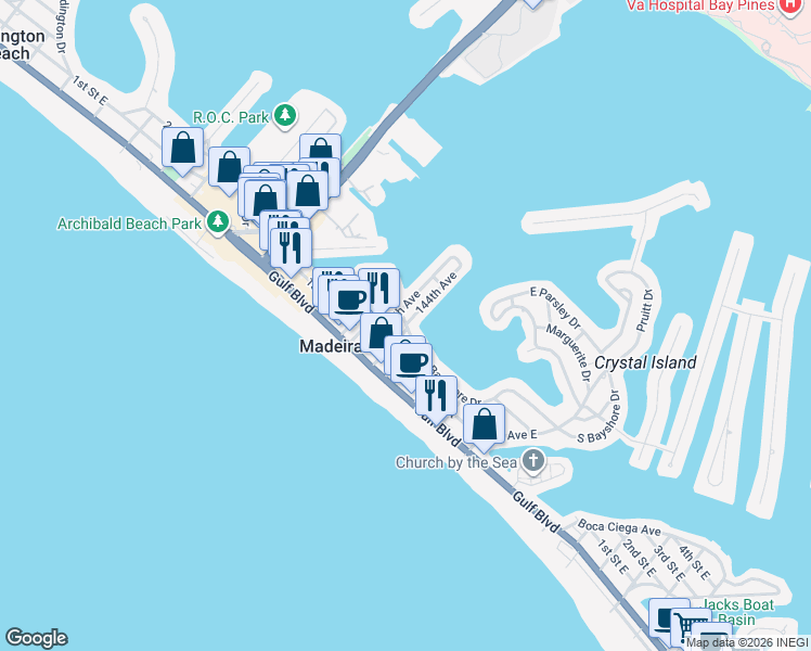 map of restaurants, bars, coffee shops, grocery stores, and more near 14501 North Bayshore Drive in Madeira Beach