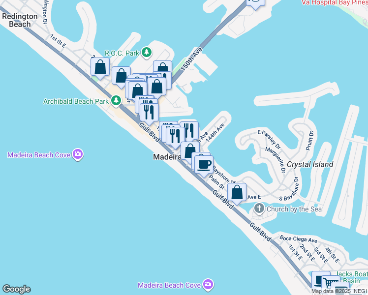 map of restaurants, bars, coffee shops, grocery stores, and more near 140 147th Avenue in Madeira Beach