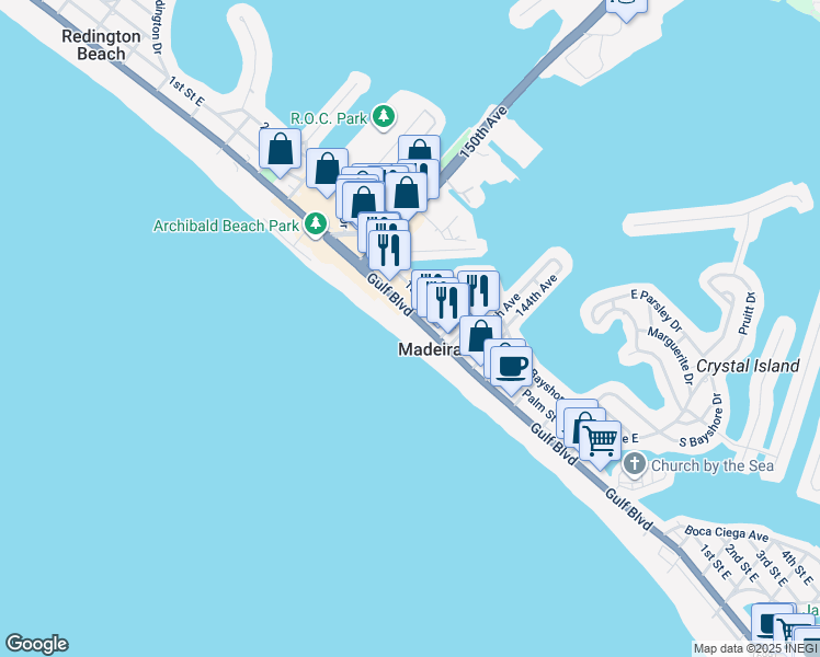 map of restaurants, bars, coffee shops, grocery stores, and more near 14710 Gulf Boulevard in Madeira Beach