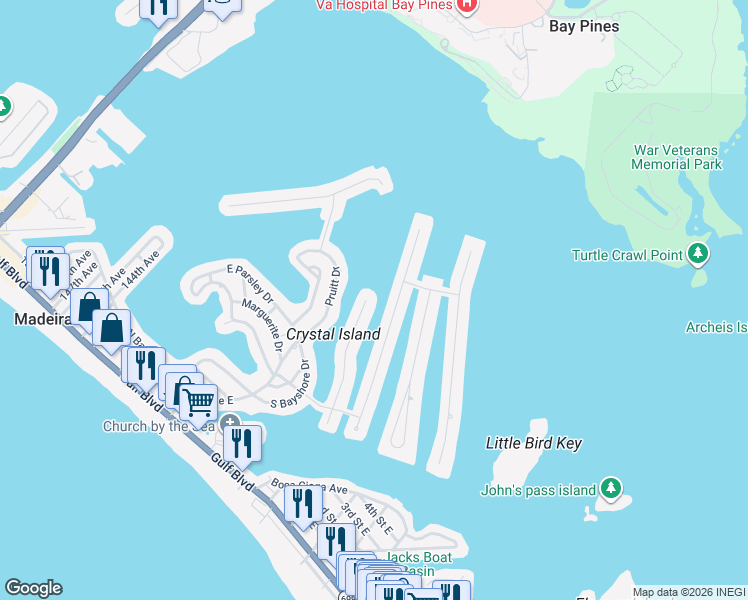map of restaurants, bars, coffee shops, grocery stores, and more near 556 Crystal Drive in Madeira Beach