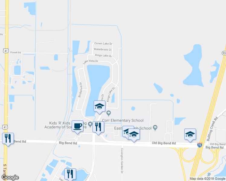 map of restaurants, bars, coffee shops, grocery stores, and more near 12910 Kings Lake Drive in Gibsonton