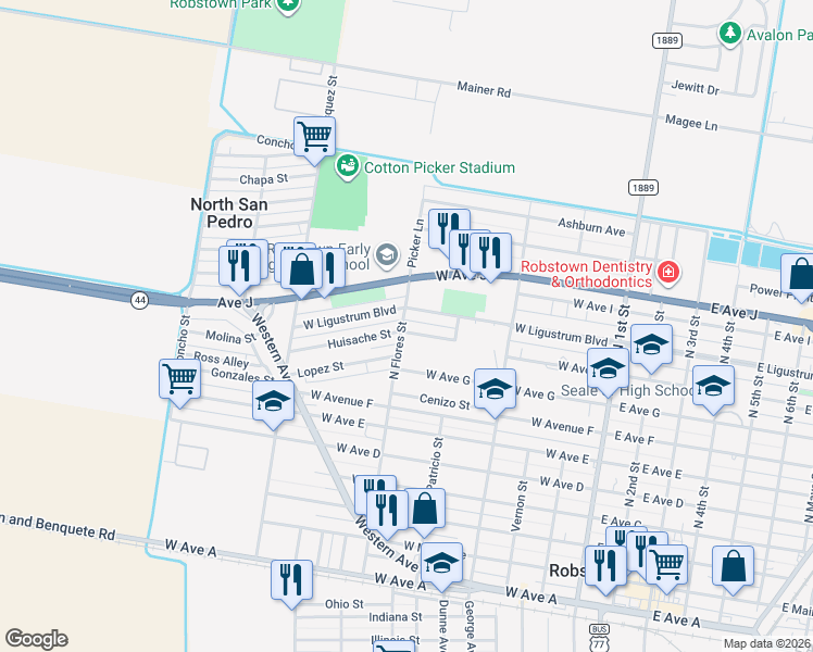 map of restaurants, bars, coffee shops, grocery stores, and more near 520 West Ligustrum Boulevard in Robstown