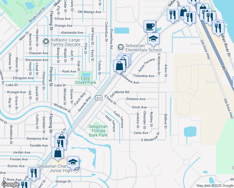 map of restaurants, bars, coffee shops, grocery stores, and more near 270 Del Monte Road in Sebastian
