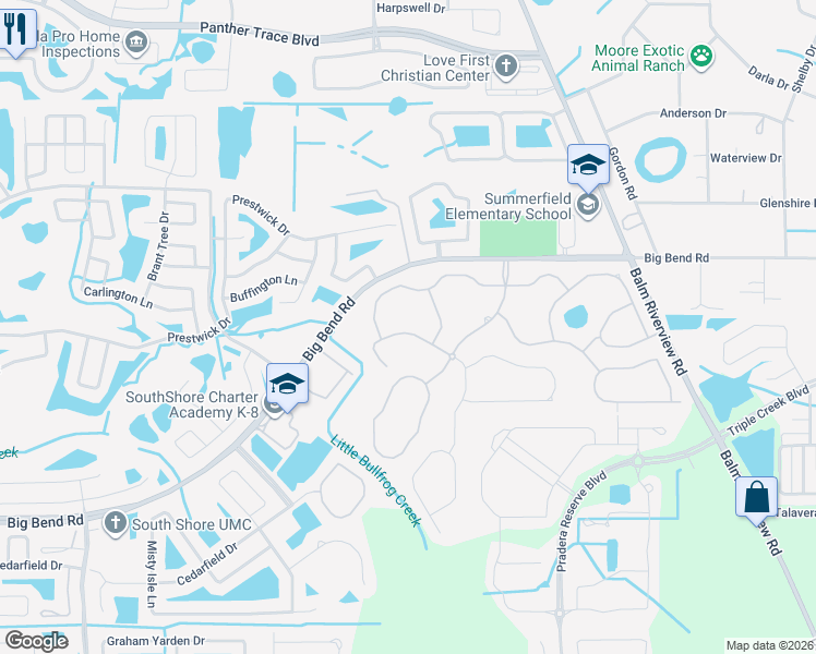 map of restaurants, bars, coffee shops, grocery stores, and more near 11845 Frost Aster Drive in Riverview
