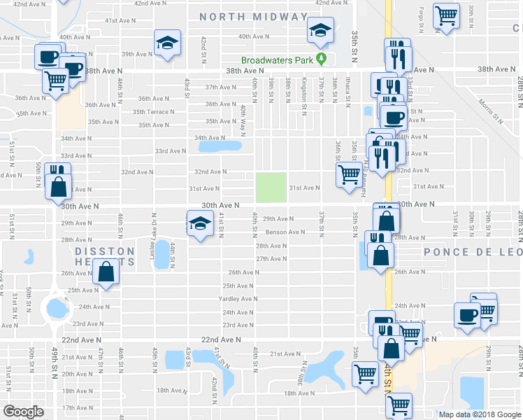 map of restaurants, bars, coffee shops, grocery stores, and more near 3960 30th Avenue North in Saint Petersburg