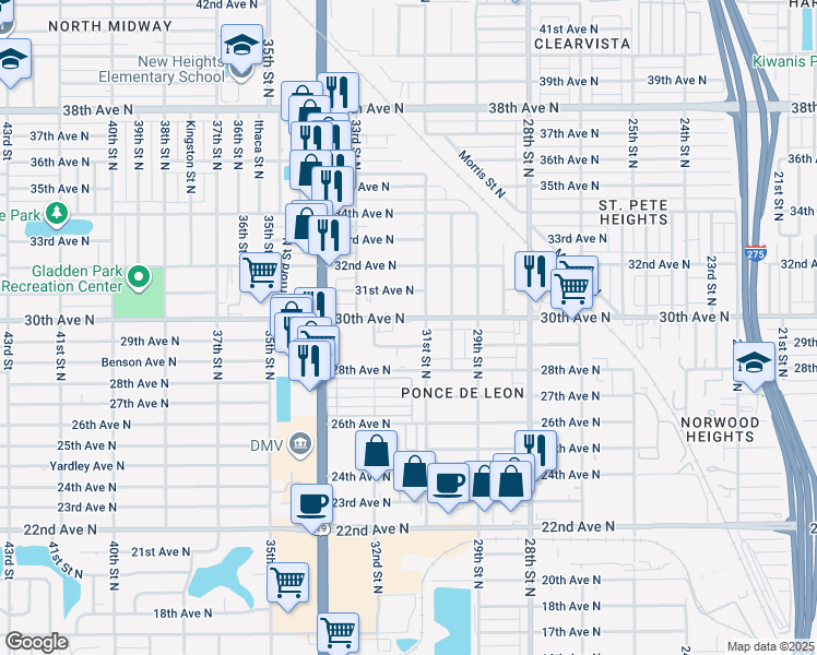 map of restaurants, bars, coffee shops, grocery stores, and more near 3010 31st Street North in St. Petersburg