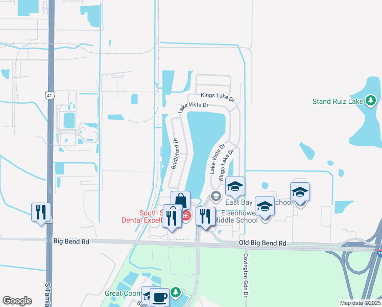 map of restaurants, bars, coffee shops, grocery stores, and more near 12607 Lake Vista Drive in Gibsonton