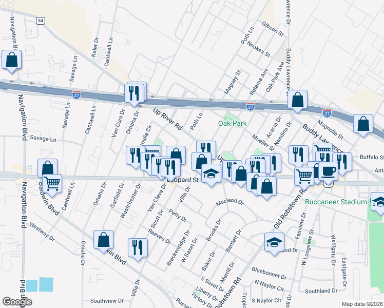 map of restaurants, bars, coffee shops, grocery stores, and more near 4109 Up River Road in Corpus Christi