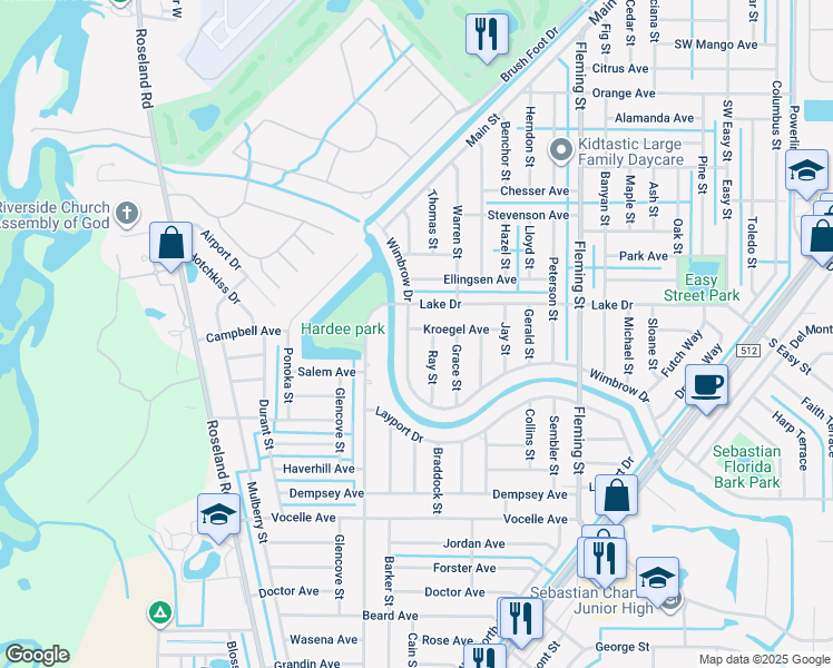 map of restaurants, bars, coffee shops, grocery stores, and more near 772 Kroegel Avenue in Sebastian