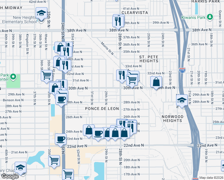 map of restaurants, bars, coffee shops, grocery stores, and more near 2851 30th Avenue North in St. Petersburg