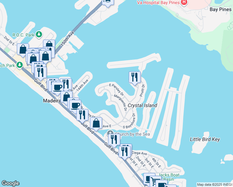 map of restaurants, bars, coffee shops, grocery stores, and more near 20 Lynn Way in Madeira Beach