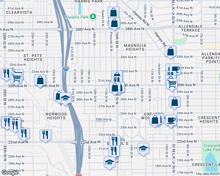 map of restaurants, bars, coffee shops, grocery stores, and more near 1639 30th Avenue North in St. Petersburg