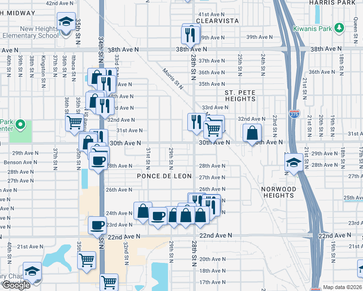 map of restaurants, bars, coffee shops, grocery stores, and more near 2851 30th Avenue North in St. Petersburg