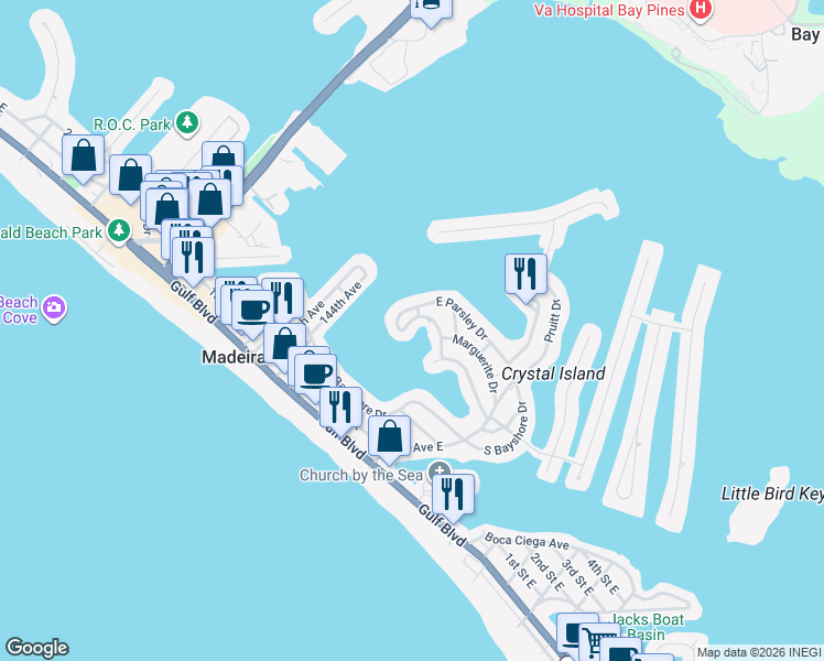 map of restaurants, bars, coffee shops, grocery stores, and more near 14176 West Parsley Drive in Madeira Beach