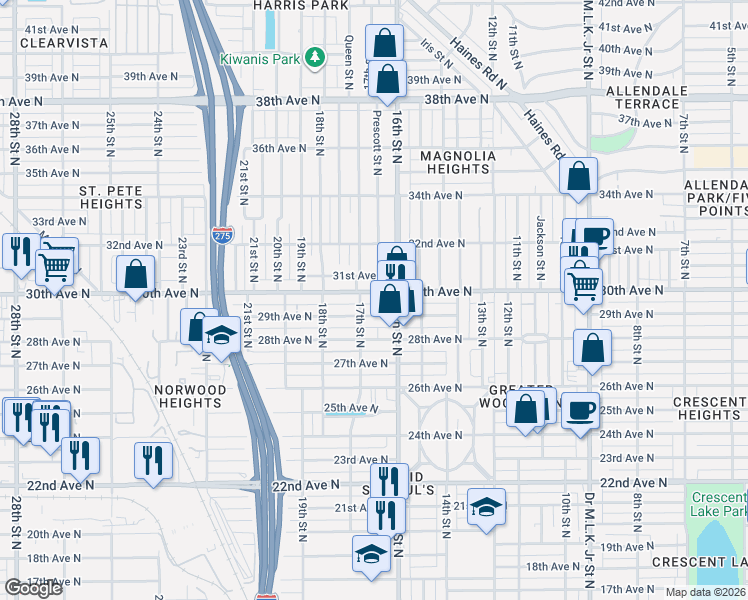map of restaurants, bars, coffee shops, grocery stores, and more near 1639 30th Avenue North in St. Petersburg