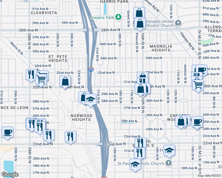 map of restaurants, bars, coffee shops, grocery stores, and more near 1839 30th Avenue North in St. Petersburg