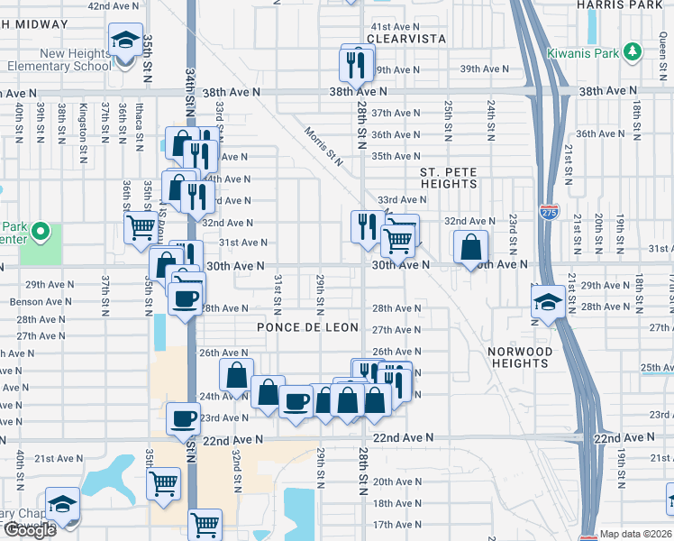 map of restaurants, bars, coffee shops, grocery stores, and more near 2851 30th Avenue North in St. Petersburg